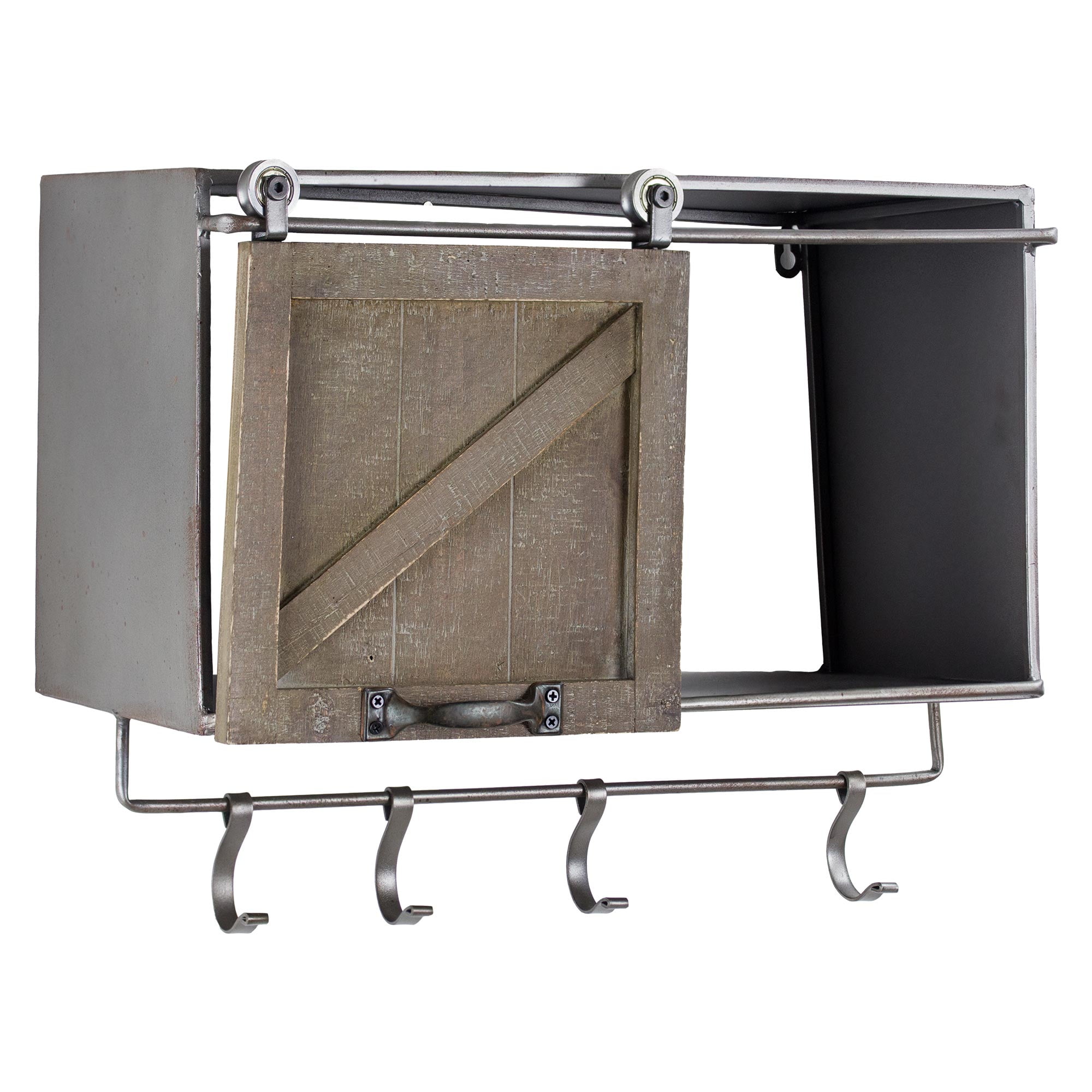 Rustic Whitewashed Wood and Metal Sliding Barn Door Rack