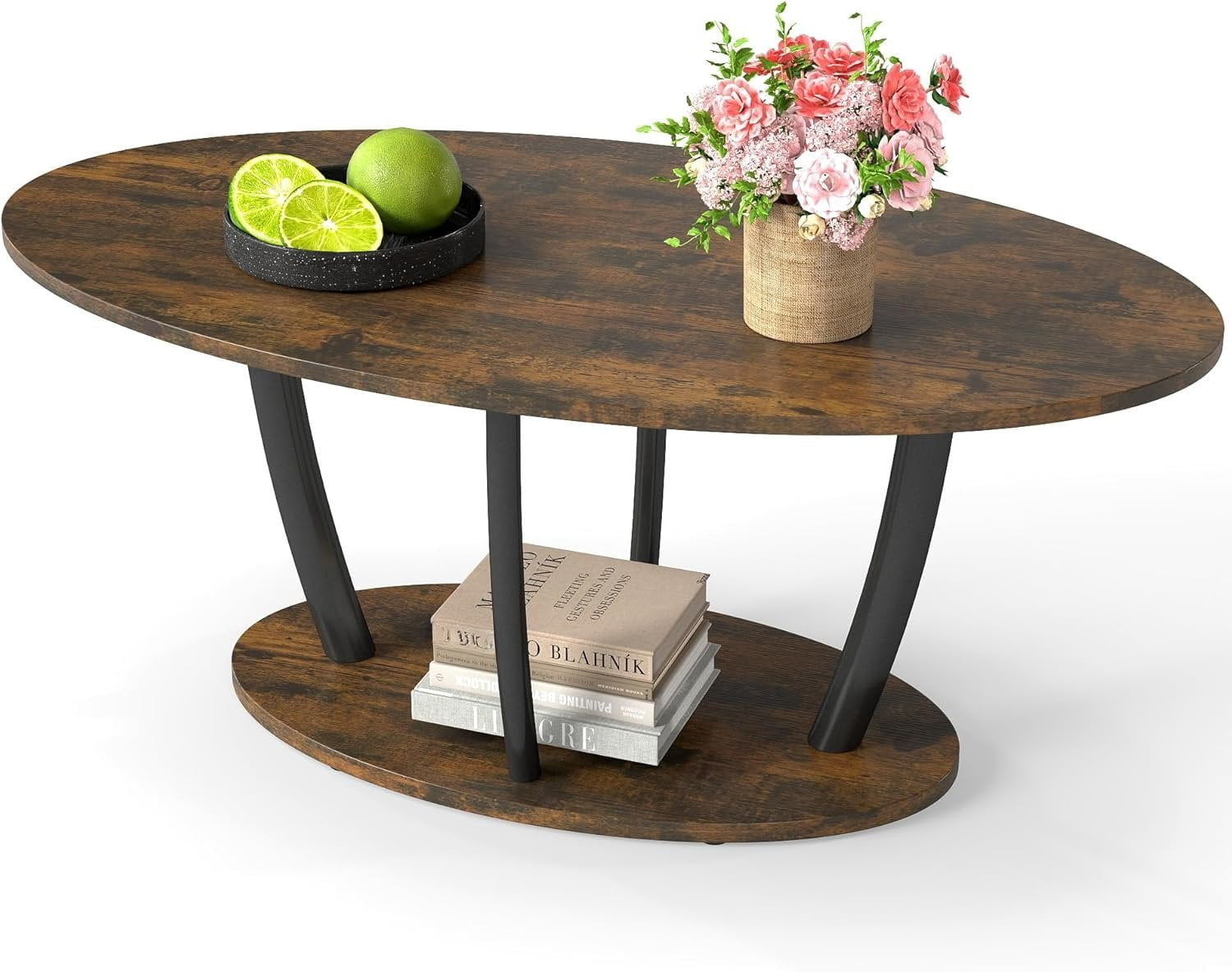 Rustic Small Oval Coffee Table for Room, Narrow Center Table with Shelf ...