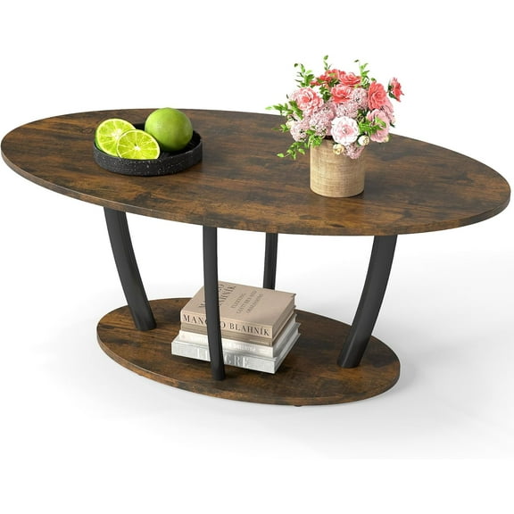 Rustic Small Oval Coffee Table for  Room, Narrow  Center Table with Shelf, Retro Style Coffee Table with Curved  ,  and Easy Assembly, Rusric Brown