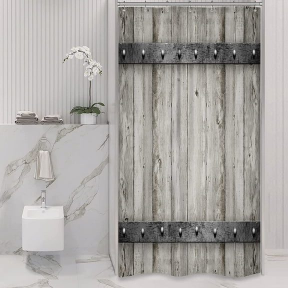 Rustic Small Stall Barn Door Shower Curtain 36Wx72H Farmhouse Wood Plank Wooden Country Texture Bathroom Decor Fabric Polyester Waterproof with 7 Pack Plastic Shower Hooks WW-YMDV