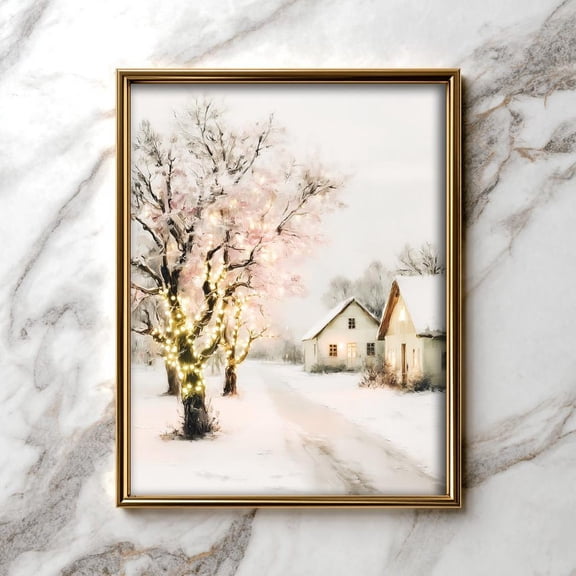 Rustic Snow-Covered Orchard Art, Cozy Winter Wall Decor, Vintage Cottage Scene With Apple Tree, 81, Unframed Poster Size 8x12