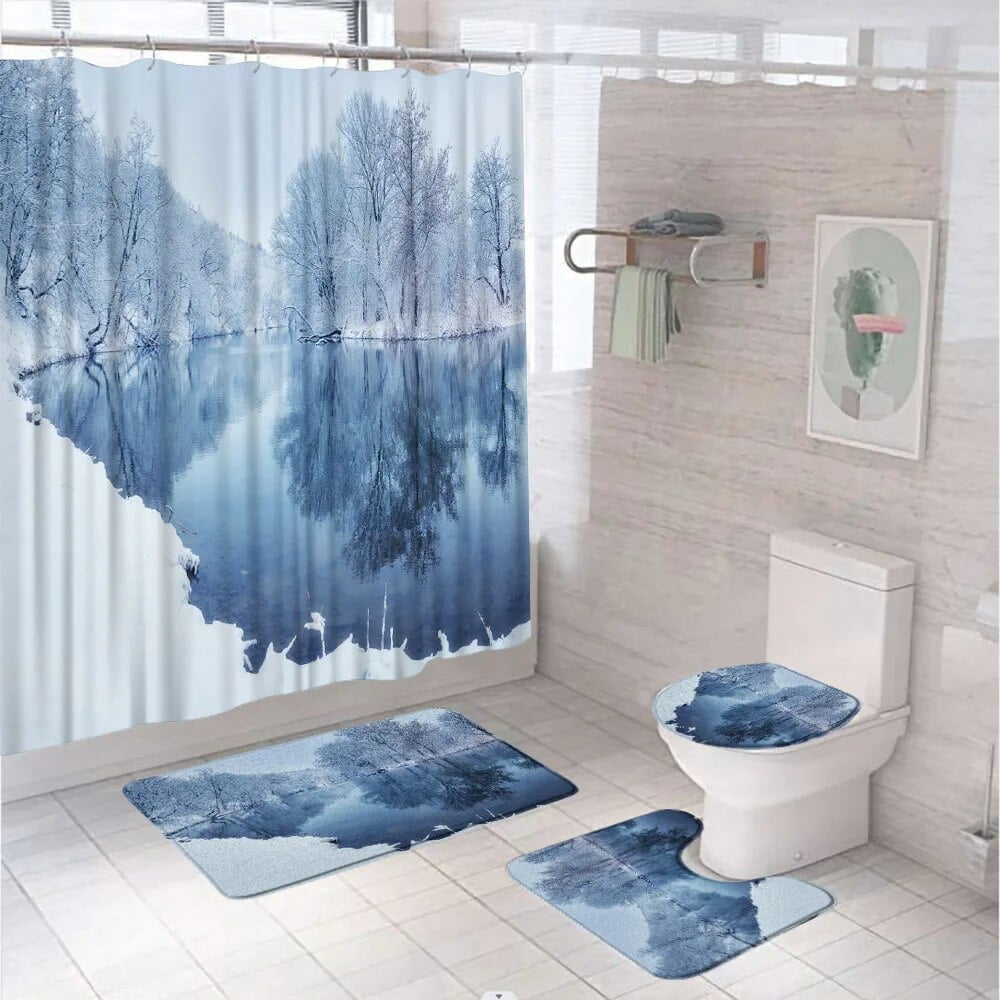 Rustic Snow Forest Shower Curtain Sets Nature Scenery Winter Tree ...
