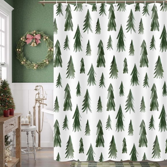 Rustic Snow Forest Shower Curtain, Snowy Teal Green Countryside Landscape Bathroom Curtain Christmas Pine Tree, Winter Nature Scene Bathroom Decorations with Hooks 60x72inch