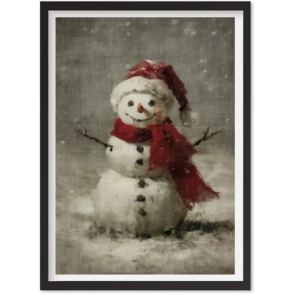 Rustic Snow Man Santa Hat Painting - Vintage Neutral Winter Holiday Printable, Matte Canvas Stretched, Posters for Room Bedroom Living Room Bathroom Wall Decor, Posters & Art Prints, Gift.