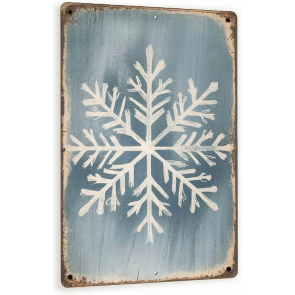 Rustic Snowflake Metal Sign Vintage Winter Wall Art With Distressed Blue-Gray Background, Minimalist Christmas Decor 8x12