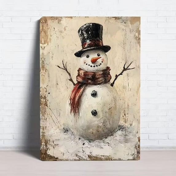 Rustic Snowman Canvas Wall Art, Vintage Snowman with Hat and Scarf, 8x12 UNFRAMED