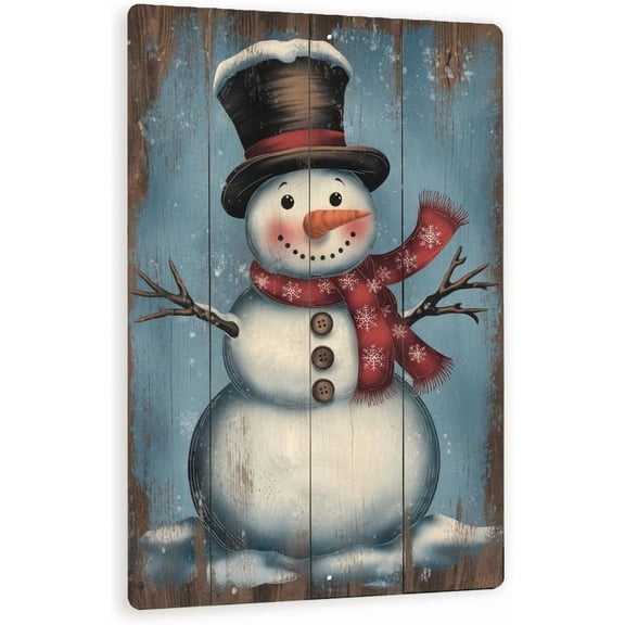 Rustic Snowman Metal Sign Vintage Farmhouse Winter Wall Art With Distressed Blue Background And Wood-Plank Design 8x12