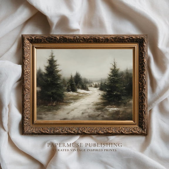 Rustic Snowy Pine Forest Print, Vintage Winter Landscape Printable Wall Art, Antique Farmhouse Décor,, Unframed Poster Size 12x18