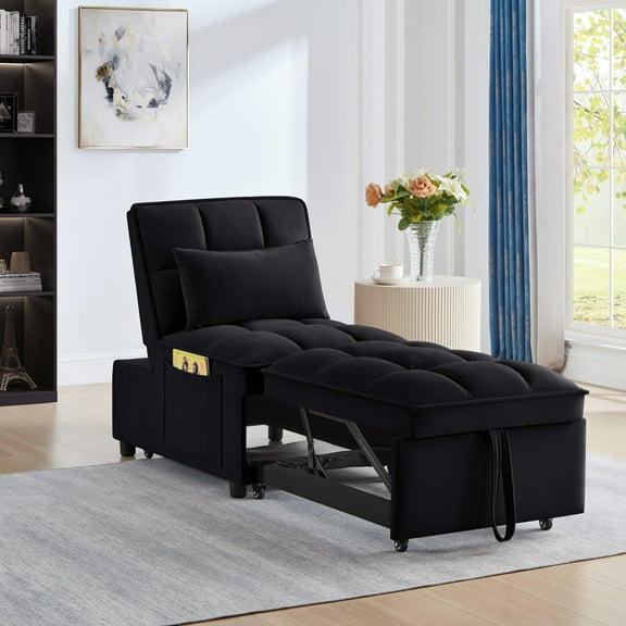Rustic Sofas, 4 in1 Multi-Function Single Sofa Bed with Storage Pockets,Tufted Single Pull-out Sofa Bed with Adjustable Backrest and Pillows ,Convertible Chaise Lounge,Black, Black Modern Sofas