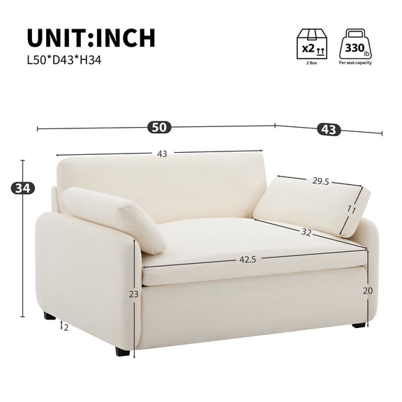 Rustic Sofas, 50*43" Oversized Chenille Single Sofa Chair, Wide and Deep Seat Accent Chair, Modern Upholstered Comfy Armchair, Couch Lounge with Pillows for Living Room&Apartment, Cream Modern Sofas