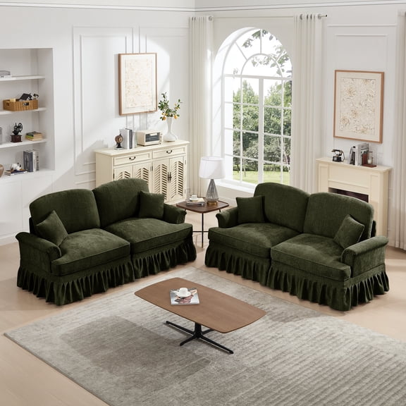 Rustic Sofas, Classic 2 Piece Modular Couch Living Room Sofa Set with Flared Arms and Removable Ruffles Pleats Skirts and Spindle Legs, 2 Seater Sofa + 2-Seat Loveseat Sofa Sets for Living Room,Green