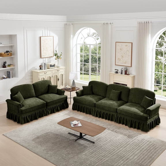 Rustic Sofas, Classic 2 Piece Modular Couch Living Room Sofa Set with Flared Arms and Removable Ruffles Pleats Skirts and Spindle Legs, 3 Seater Sofa + 2-Seat Loveseat Sofa Sets for Living Room,Green