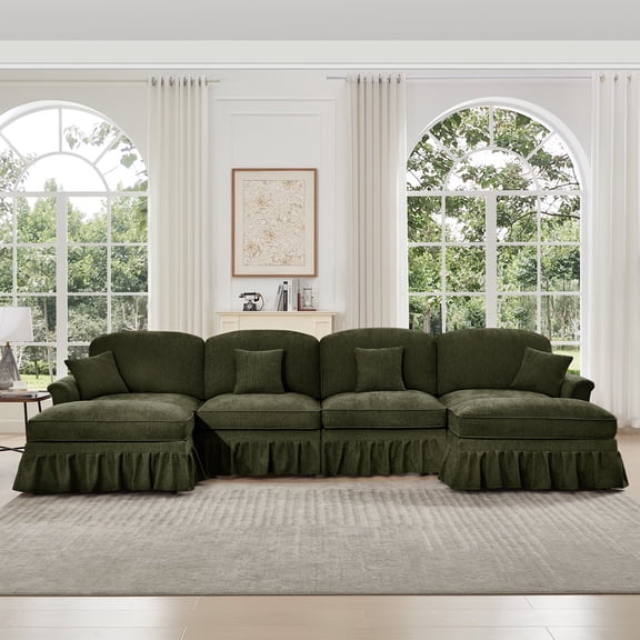 Rustic Sofas, Classic U Shape 4 Seater Modular Sectional Sofa Couch with Flared Arms and Removable Ruffles Pleats Skirts and Spindle Legs, Chenille Deep Seat Cloud Sofa with Movable Ottomans, Green