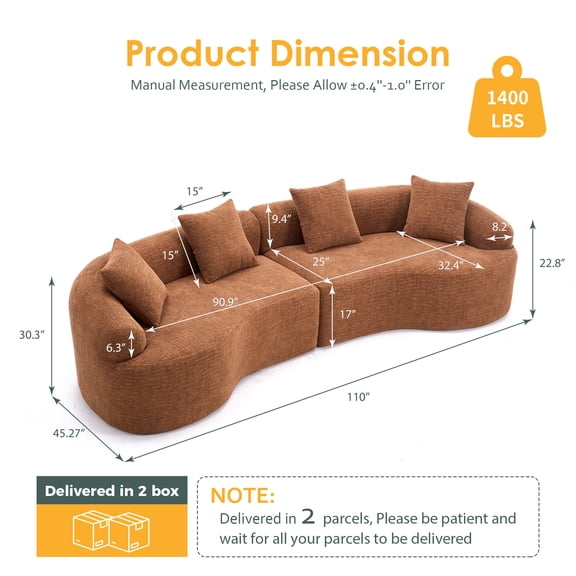 Rustic Sofas, Compression Sponge Sofa Orange Curved Modular Sectional, 30D High-Density Chenille Sleeper Couch for Apartment, Living Room,110"L, Caramel Modern Sofas,Chenille Leather Sofas