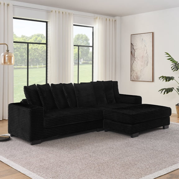 Rustic Sofas, Corduroy Tufted Upholstered Sleeper Sectional Sofa, L-Shaped Modular Convertible Sofa , Can freely change the position of the footrests-Black(Assembly is required), Black Modern Sofas