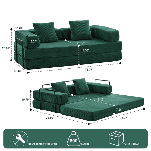 Rustic Sofas, Floor Couch,Compression Sofa,Convertible Floor Sofa Bed-with Pillow Back Support Armrest,Comfy Futon Couch Lounge Sleeper Bed,Corduroy Fabric,for Living Room Bedroom (dark green)