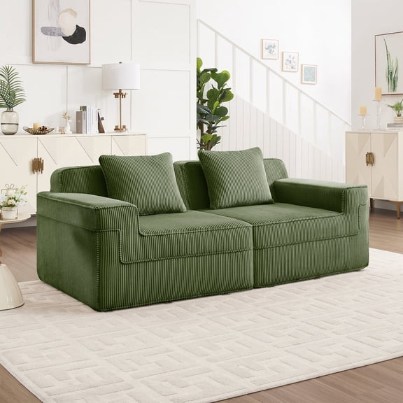 Rustic Sofas, Modular 2 Seat Loveseat Boneless Sofa, Cloud Sectional Couch with Deep Seat, Modern Modular 2-Seat Sofa Couch with Throw Pillows Corduroy Fabric Green, Green Modern Sofas,Leather Sofas