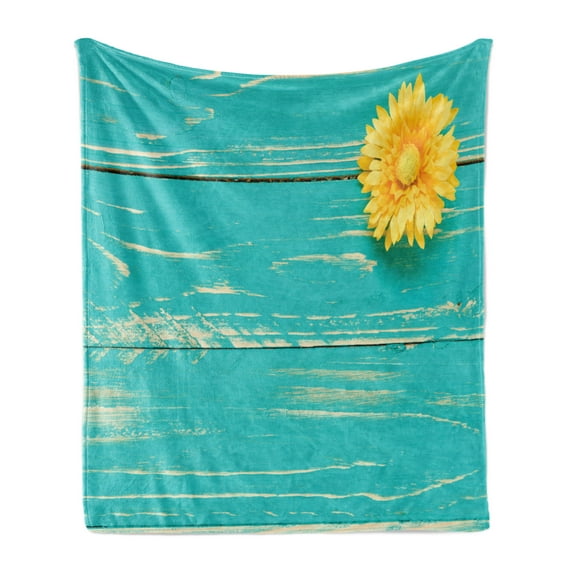 Rustic Soft Flannel Fleece Blanket, Flower on Vintage Wooden Backplane Floral Beauty Redolence Springtime Nature, Cozy Plush for Indoor and Outdoor Use, 50" x 60", Turquoise Yellow, by Ambesonne