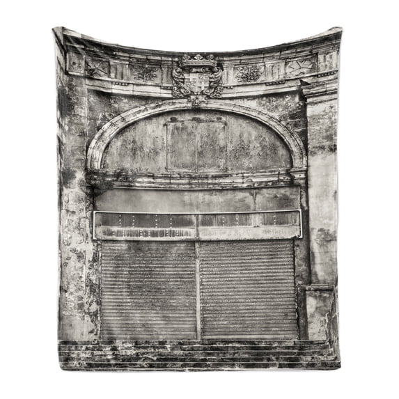 Rustic Soft Flannel Fleece Blanket, Monochrome Old Closed Store Front with Jalousie and Classic Medieval Touch Historic Photo, Cozy Plush for Indoor and Outdoor Use, 60" x 80", Grey, by Ambesonne