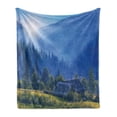 thumbnail image 1 of Rustic Soft Flannel Fleece Blanket, Mountain Village Ukraine Rising Sun Pine Trees Forest Wooden House Nostalgic Photo, Cozy Plush for Indoor and Outdoor Use, 50" x 70", Green Blue, by Ambesonne, 1 of 6