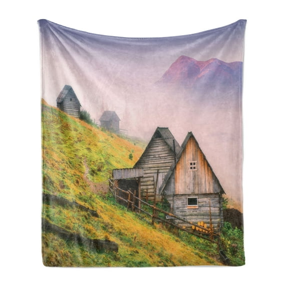 Rustic Soft Flannel Fleece Blanket, Nature Wooden Houses in a Carpathian Mountains Ukraine Early Misty Morning Picture, Cozy Plush for Indoor and Outdoor Use, 50" x 60", Green Brown, by Ambesonne
