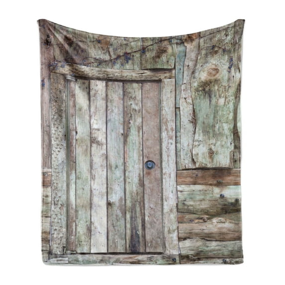 Rustic Soft Flannel Fleece Blanket, Old Rustic Barn Door Cottage Country Cabin Theme Rural Mystic Entrance of Home, Cozy Plush for Indoor and Outdoor Use, 70" x 90", Warm Taupe Cocoa, by Ambesonne