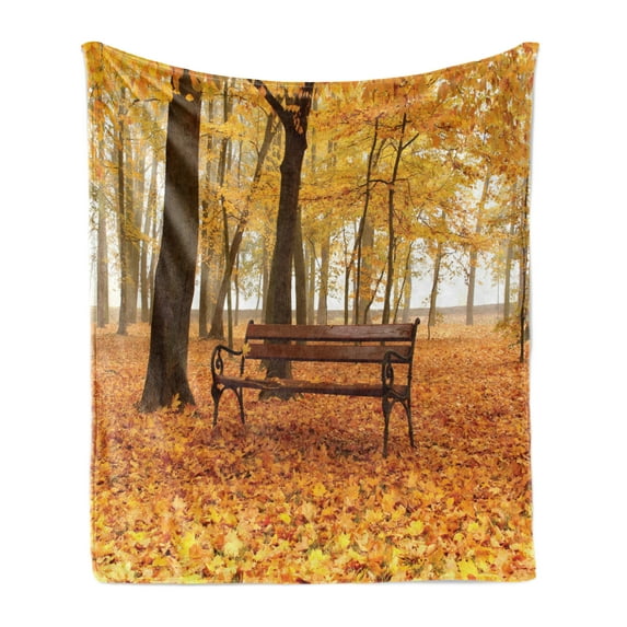 Rustic Soft Flannel Fleece Blanket, Rustic Bench in Orange Pale Autumn Park Mist Day November Love Fall Season Photo, Cozy Plush for Indoor and Outdoor Use, 60" x 80", Orange Brown, by Ambesonne