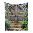 thumbnail image 1 of Rustic Soft Flannel Fleece Blanket, Unique Castle Traditional Middle Age Heritage Fairy Doorway Aged Entrance Picture, Cozy Plush for Indoor and Outdoor Use, 50" x 70", Brown Green, by Ambesonne, 1 of 5