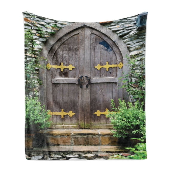 Rustic Soft Flannel Fleece Blanket, Unique Castle Traditional Middle Age Heritage Fairy Doorway Aged Entrance Picture, Cozy Plush for Indoor and Outdoor Use, 50" x 70", Brown Green, by Ambesonne