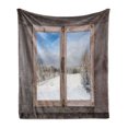 thumbnail image 1 of Rustic Soft Flannel Fleece Blanket, Winter Season Scene from a Wooden Window of Country House Snow Vintage Design, Cozy Plush for Indoor and Outdoor Use, 60" x 80", Umber White Blue, by Ambesonne, 1 of 5