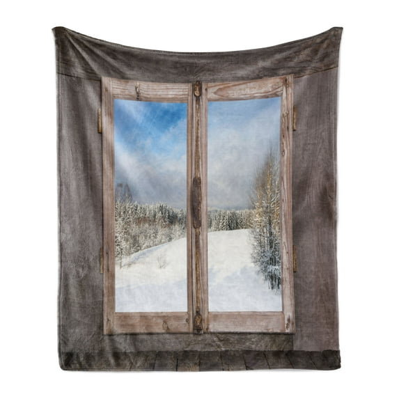 Rustic Soft Flannel Fleece Blanket, Winter Season Scene from a Wooden Window of Country House Snow Vintage Design, Cozy Plush for Indoor and Outdoor Use, 60" x 80", Umber White Blue, by Ambesonne