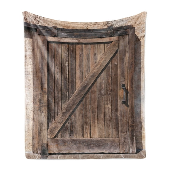 Rustic Soft Flannel Fleece Throw Blanket, Aged Sliding Door Weathered Texture Vintage Style Architectural Rural Print, Cozy Plush for Indoor and Outdoor Use, 60" x 80", Brown, by Ambesonne