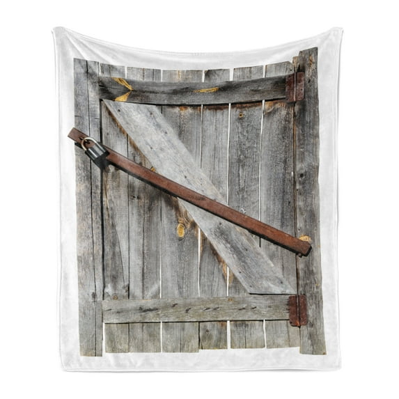 Rustic Soft Flannel Fleece Throw Blanket, Aged Wood Barn Door with Rusty Crossed Locks Abandoned Western Farmhouse Design, Cozy Plush for Indoor and Outdoor Use, 70" x 90", Brown, by Ambesonne
