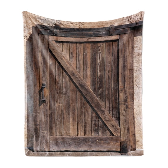 Rustic Soft Flannel Fleece Throw Blanket, Aged Wooden Sliding Barn Door Vintage Texture Architectural Farm House Print, Cozy Plush for Indoor and Outdoor Use, 70" x 90", Brown Beige, by Ambesonne