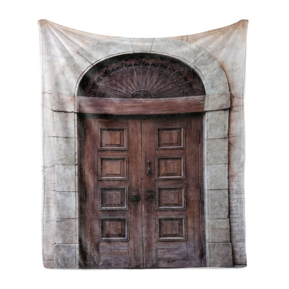 Rustic Soft Flannel Fleece Throw Blanket, Arched Wooden Venetian Door with Eastern Royal Ottoman Elements European Culture, Cozy Plush for Indoor and Outdoor Use, 50" x 70", Brown Cream, by Ambesonne