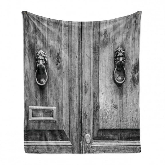 Rustic Soft Flannel Fleece Throw Blanket, Black and White Photography of Tuscany House Doorway Florence with Lion Head Handlers, Cozy Plush for Indoor and Outdoor Use, 50" x 70", Grey, by Ambesonne