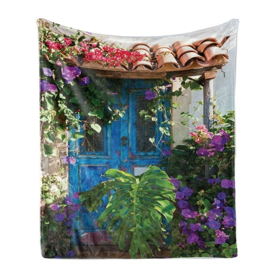 Rustic Soft Flannel Fleece Throw Blanket, Charm of Old Door Overgrown Exotic Flower Petals Palm Leaves Scene Artwork Print, Cozy Plush for Indoor and Outdoor Use, 50" x 60", Multicolor, by Ambesonne