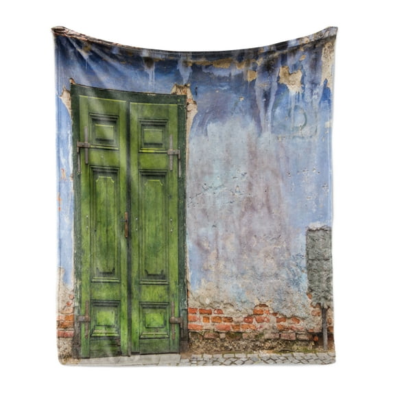 Rustic Soft Flannel Fleece Throw Blanket, Colored House a Pastel Weathered Door Old Days Back Then Buildings Photo, Cozy Plush for Indoor and Outdoor Use, 60" x 80", Blue Green, by Ambesonne