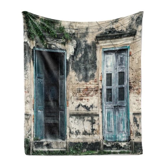 Rustic Soft Flannel Fleece Throw Blanket, Doors of Old Rock House French Frame Details in Countryside European Past Theme, Cozy Plush for Indoor and Outdoor Use, 70" x 90", Teal Grey, by Ambesonne