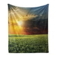thumbnail image 1 of Rustic Soft Flannel Fleece Throw Blanket, Dramatic Sunset Agricultural Field Sunbeams Bursting Through Dark Clouds Scene, Cozy Plush for Indoor and Outdoor Use, 60" x 80", Green Yellow, by Ambesonne, 1 of 5