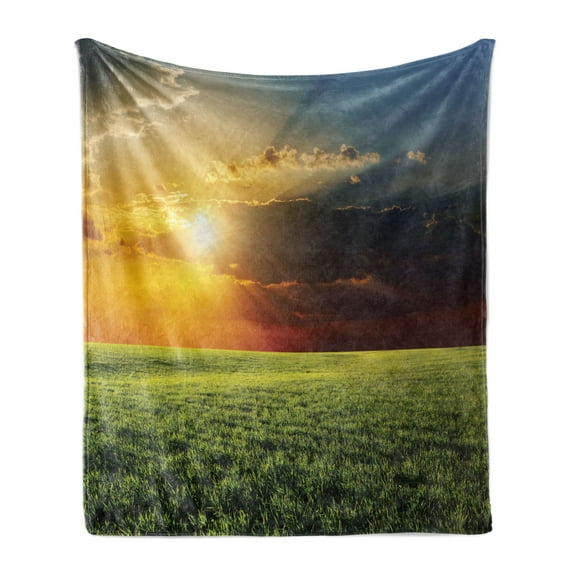 Rustic Soft Flannel Fleece Throw Blanket, Dramatic Sunset Agricultural Field Sunbeams Bursting Through Dark Clouds Scene, Cozy Plush for Indoor and Outdoor Use, 70" x 90", Green Yellow, by Ambesonne