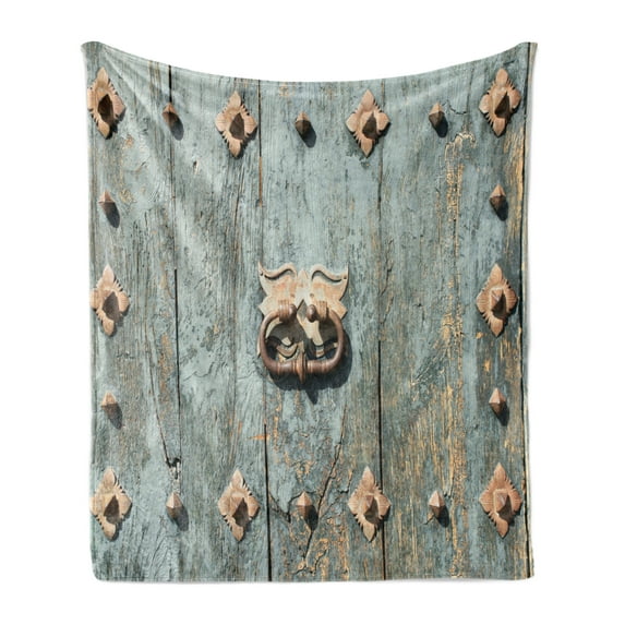 Rustic Soft Flannel Fleece Throw Blanket, European with Rusty Old Door Knocker Gothic Medieval Times Spanish Style, Cozy Plush for Indoor and Outdoor Use, 60" x 80", Turquoise, by Ambesonne