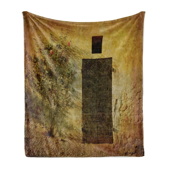 Rustic Soft Flannel Fleece Throw Blanket, Historical Italian Door of Stone House Mediterranean Picturesque Heritage, Cozy Plush for Indoor and Outdoor Use, 50" x 70", Amber Brown, by Ambesonne