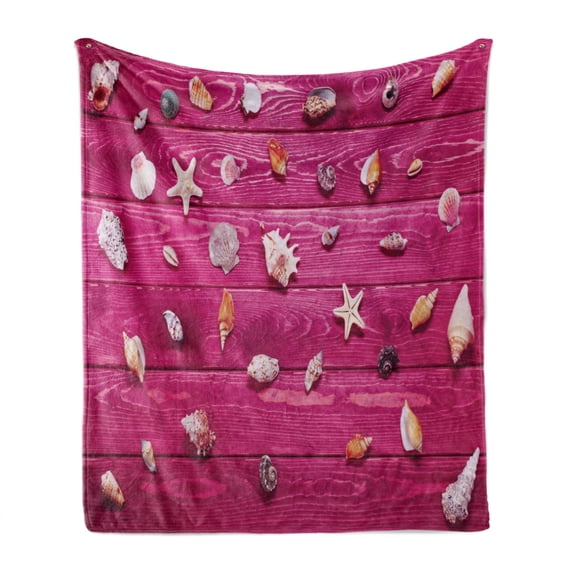 Rustic Soft Flannel Fleece Throw Blanket, Little Sea Shells on the Vintage Marine Coast Tropical Life Themed Image, Cozy Plush for Indoor and Outdoor Use, 60" x 80", Cream and Fuchsia, by Ambesonne