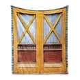 thumbnail image 1 of Rustic Soft Flannel Fleece Throw Blanket, Lumber Door of Urban House in Town Classic Featured Nostalgic Gate Print, Cozy Plush for Indoor and Outdoor Use, 70" x 90", Blue Orange, by Ambesonne, 1 of 5
