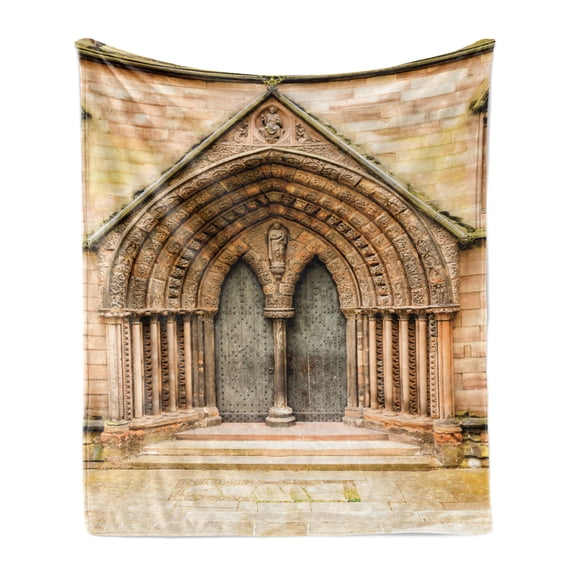 Rustic Soft Flannel Fleece Throw Blanket, Medieval Middle Age Door Exit with Gothic Ornate Features Britain Theme, Cozy Plush for Indoor and Outdoor Use, 50" x 70", Cream, by Ambesonne