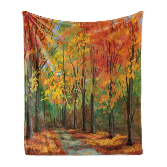 Rustic Soft Flannel Fleece Throw Blanket, North Woods Falling Leaves Fall Park Road Autumn Leaves Seasonal Colors Romantic, Cozy Plush for Indoor and Outdoor Use, 50" x 70", Multicolor, by Ambesonne