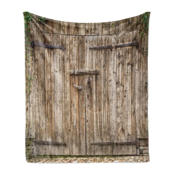 Rustic Soft Flannel Fleece Throw Blanket, Old Oak Closed Garage Door with Steel Hinges Vintage Typical Cottage Doorway Image, Cozy Plush for Indoor and Outdoor Use, 50" x 60", Tortilla, by Ambesonne