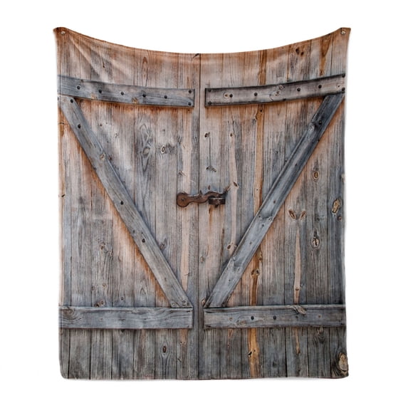 Rustic Soft Flannel Fleece Throw Blanket, Old Wooden Garage Door American Native Country Farm Style Artwork Image, Cozy Plush for Indoor and Outdoor Use, 70" x 90", Pale Brown and Grey, by Ambesonne