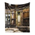 thumbnail image 1 of Rustic Soft Flannel Fleece Throw Blanket, Old Wooden Plank House with Antique Door and Windows with Stones on Rocky Street, Cozy Plush for Indoor and Outdoor Use, 50" x 60", Brown, by Ambesonne, 1 of 6
